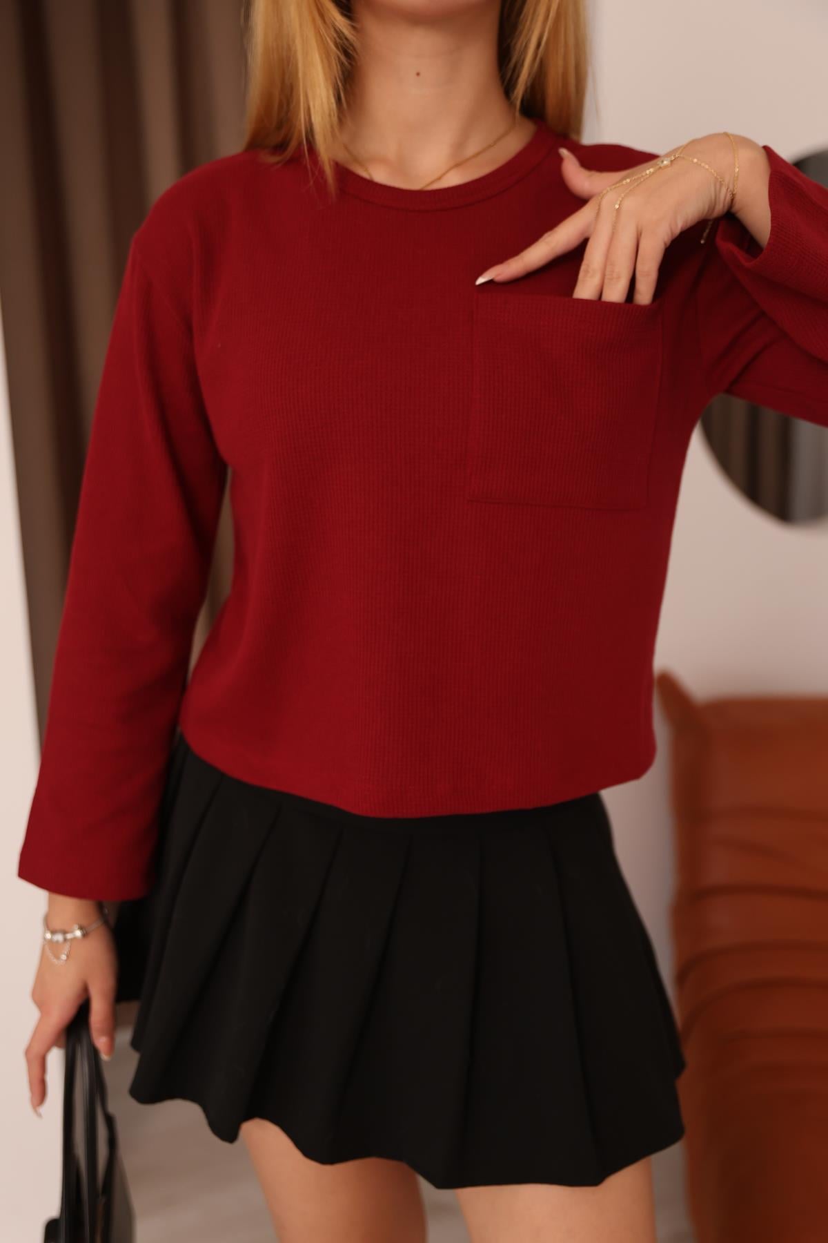 Cep Detalı Uzun Kol Crop Bluz