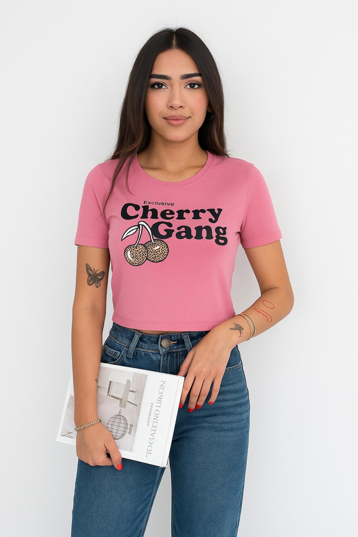 Cherry Gang Baskılı Crop Tshirt