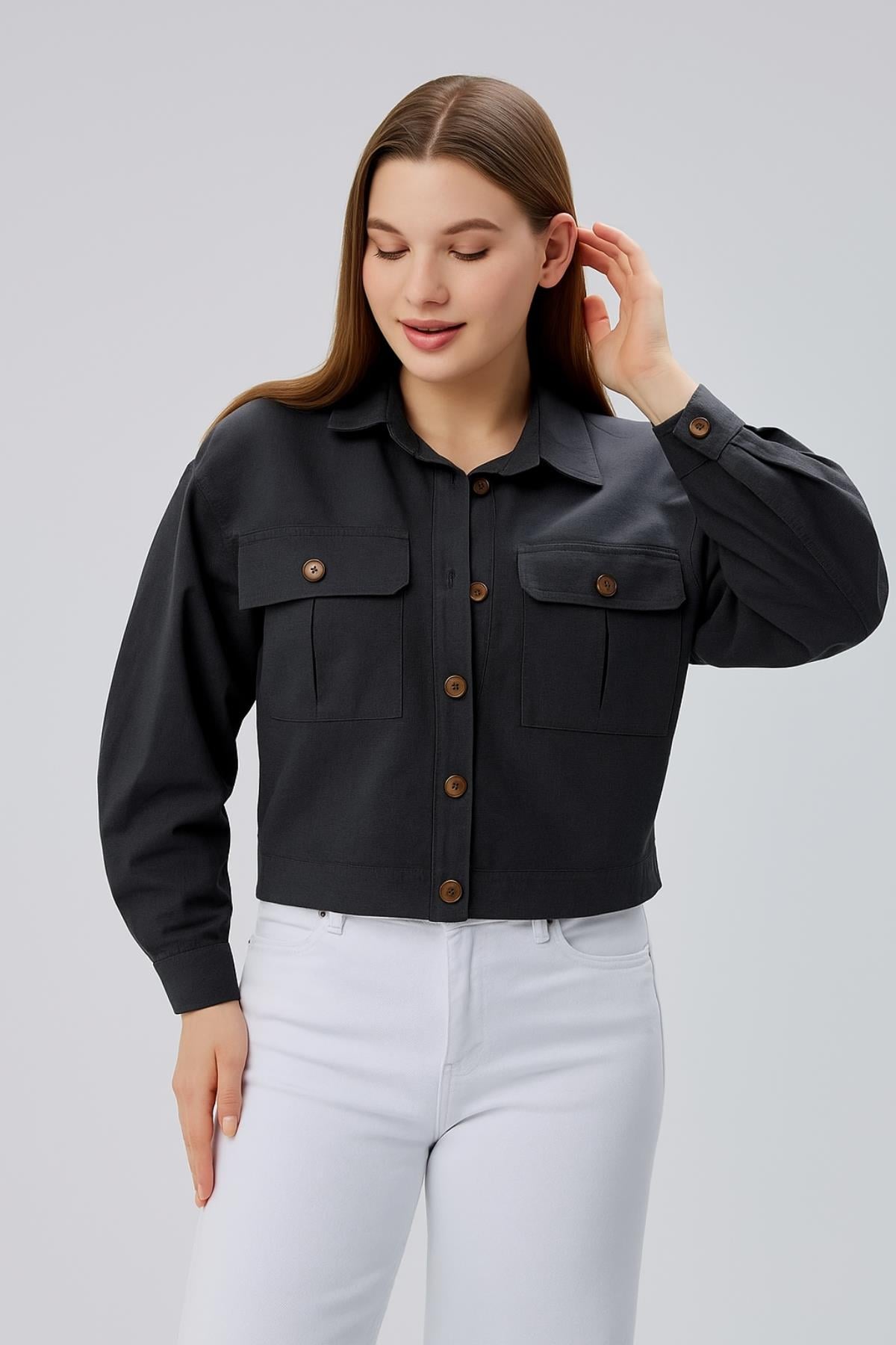 Çift Cepli Crop Gömlek