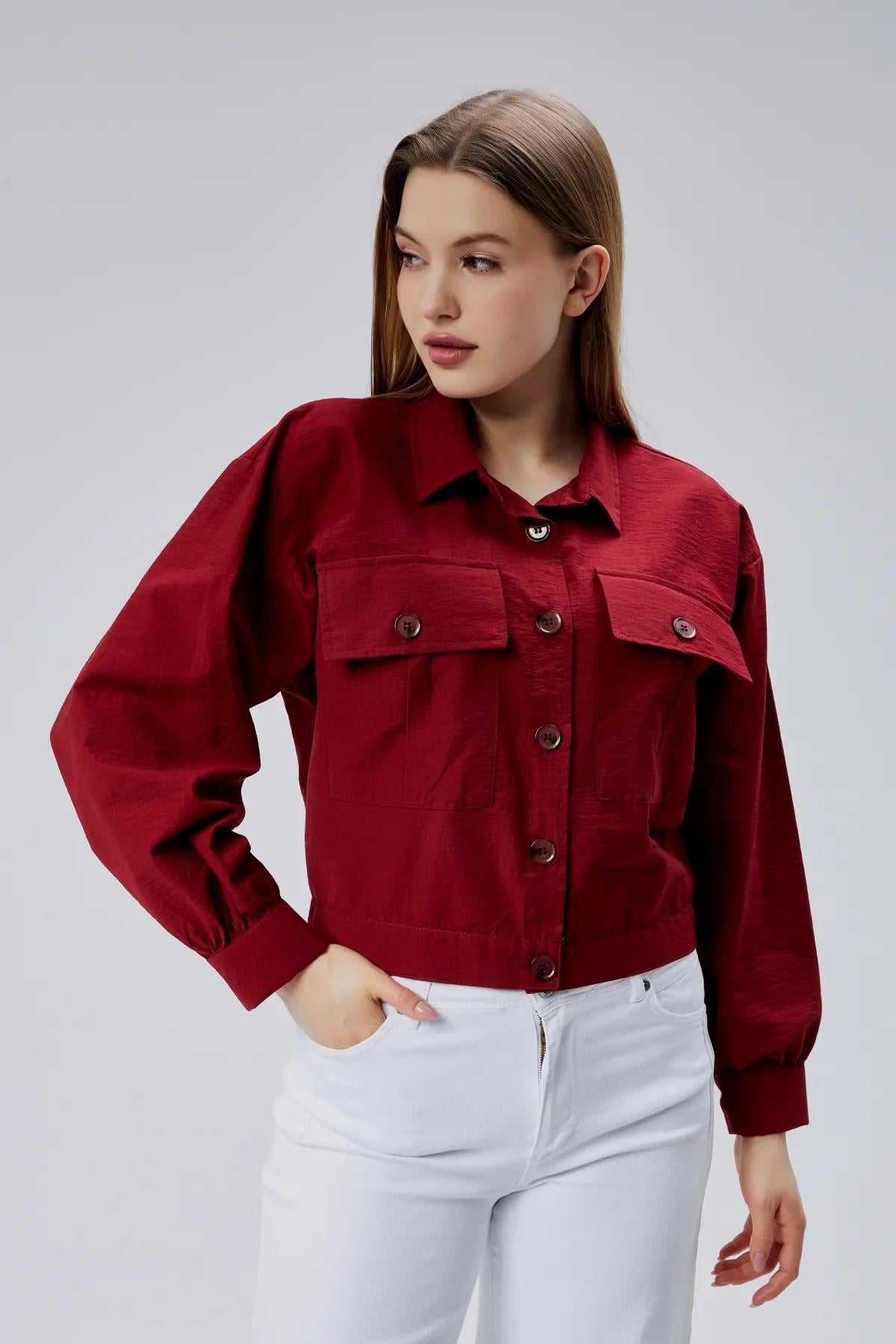Çift Cepli Crop Gömlek