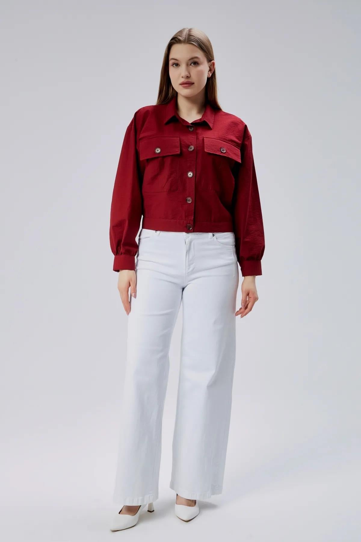 Çift Cepli Crop Gömlek