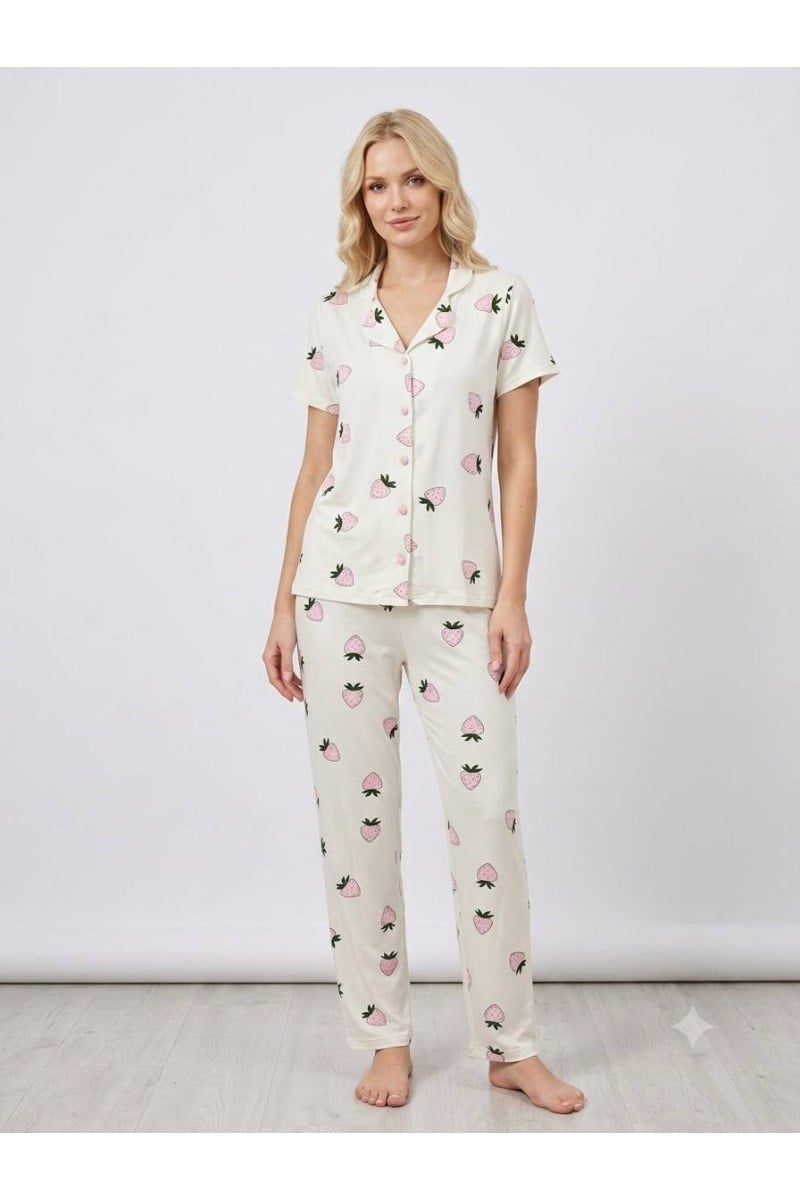 Çilek Desen Düğmeli Kısa Kol Pijama Takımı