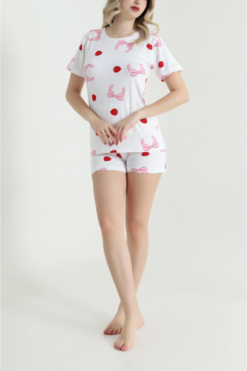 Çilek ve Kurdele Desen Şortlu Pijama Takımı