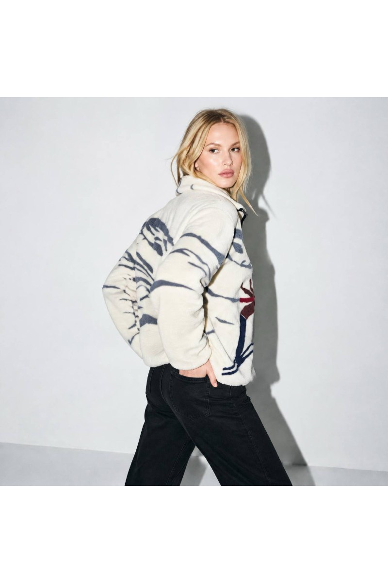 Desenli Dik Yaka Yarım Fermuarlı Cepli Polar Sweatshirt
