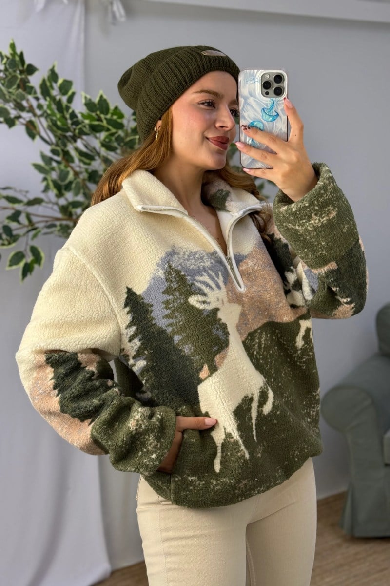 Desenli Dik Yaka Yarım Fermuarlı Polar Swearshirt