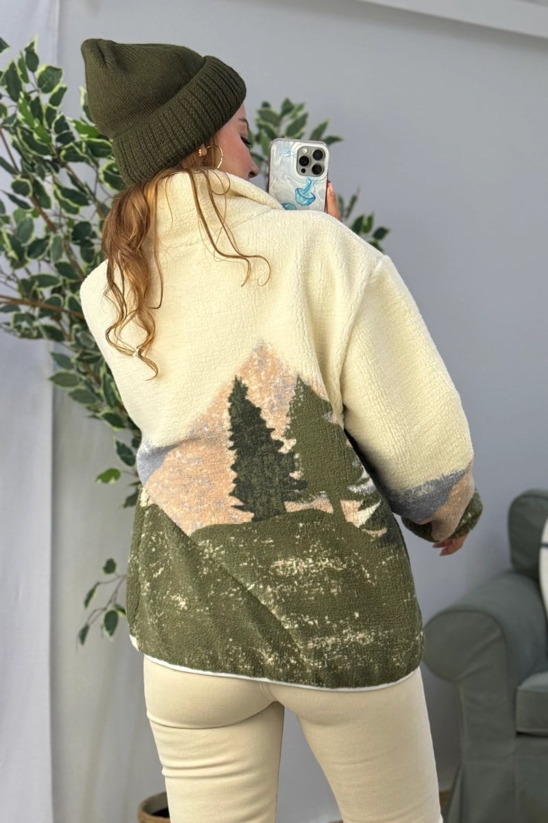Desenli Dik Yaka Yarım Fermuarlı Polar Swearshirt