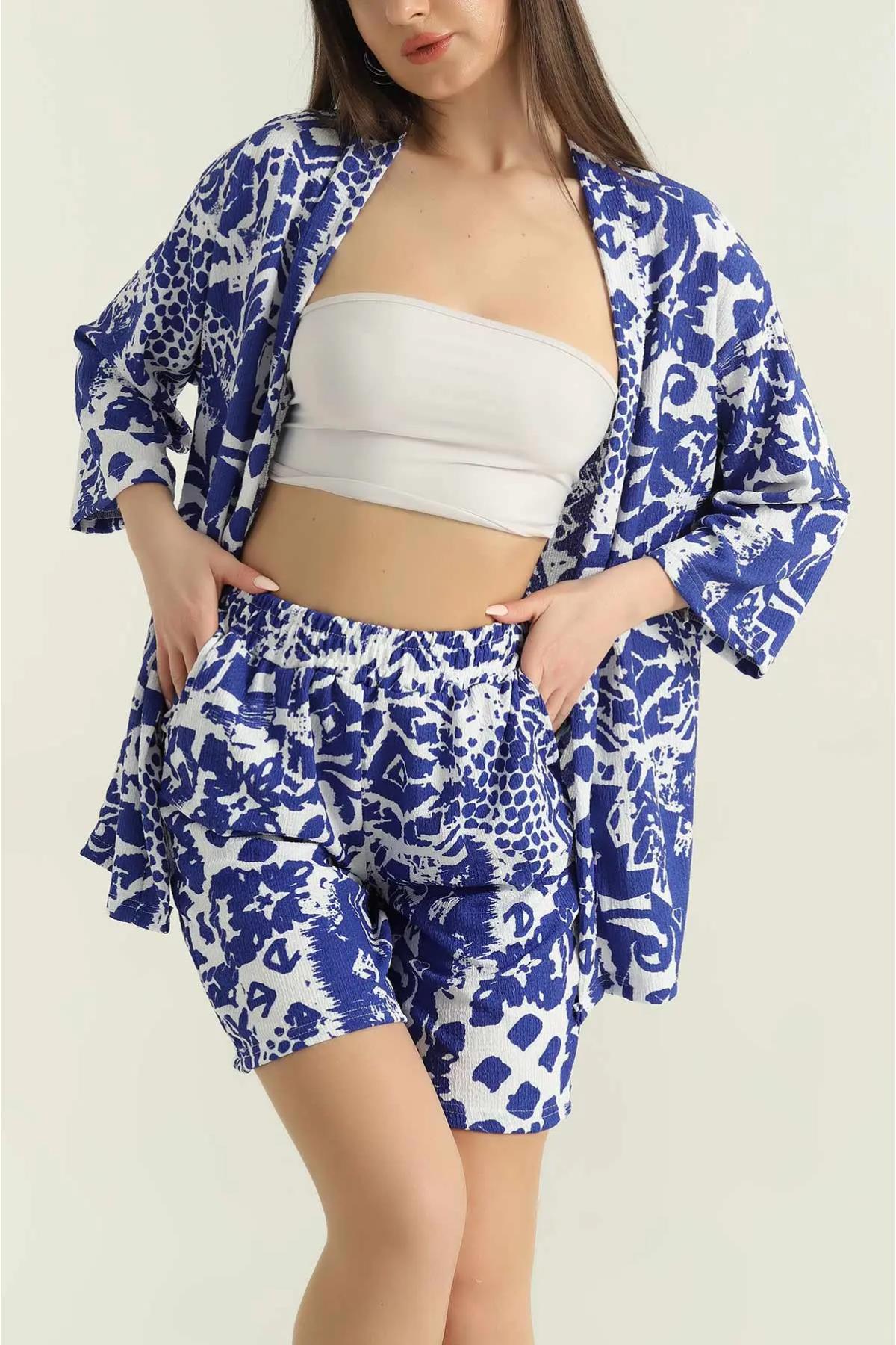Desenli Şortlu Kimono Takım