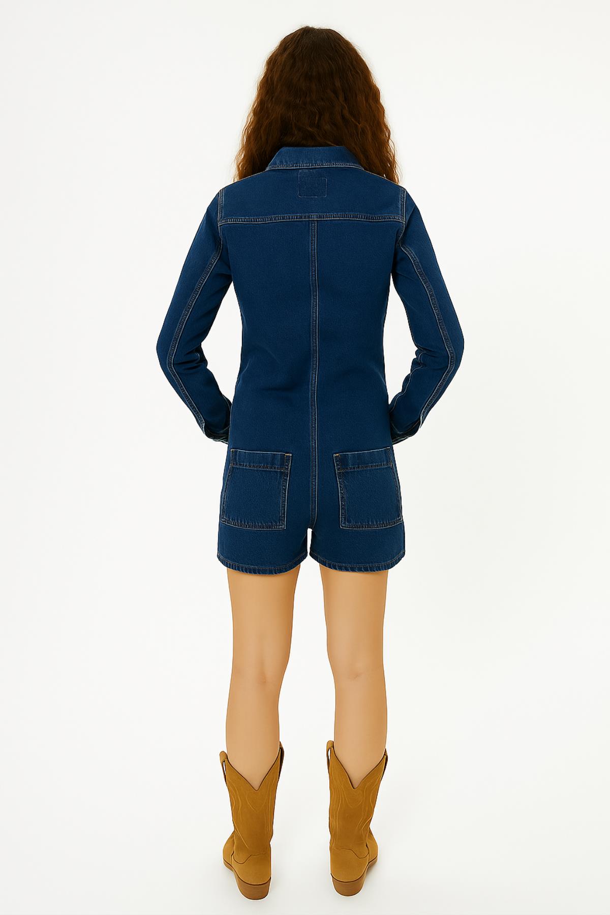 Düğmeli Kısa Kot Tulum