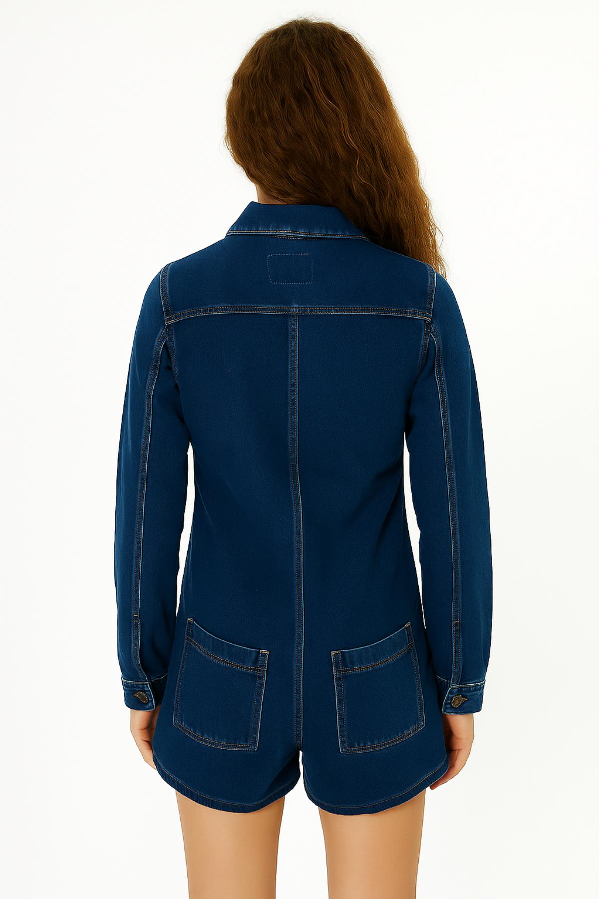 Düğmeli Kısa Kot Tulum