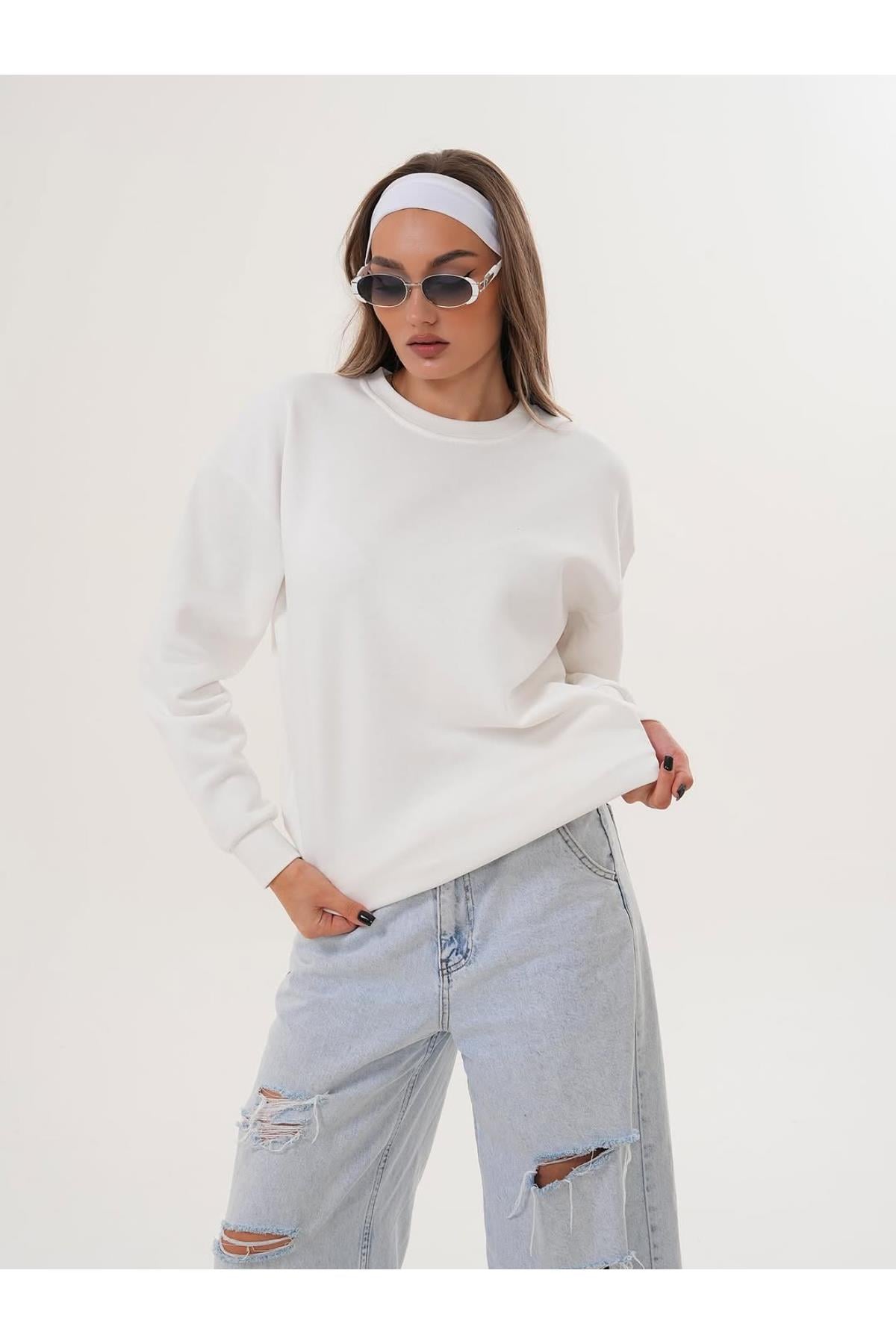 Düz Basic Bisiklet Yaka Oversize Sweatshirt