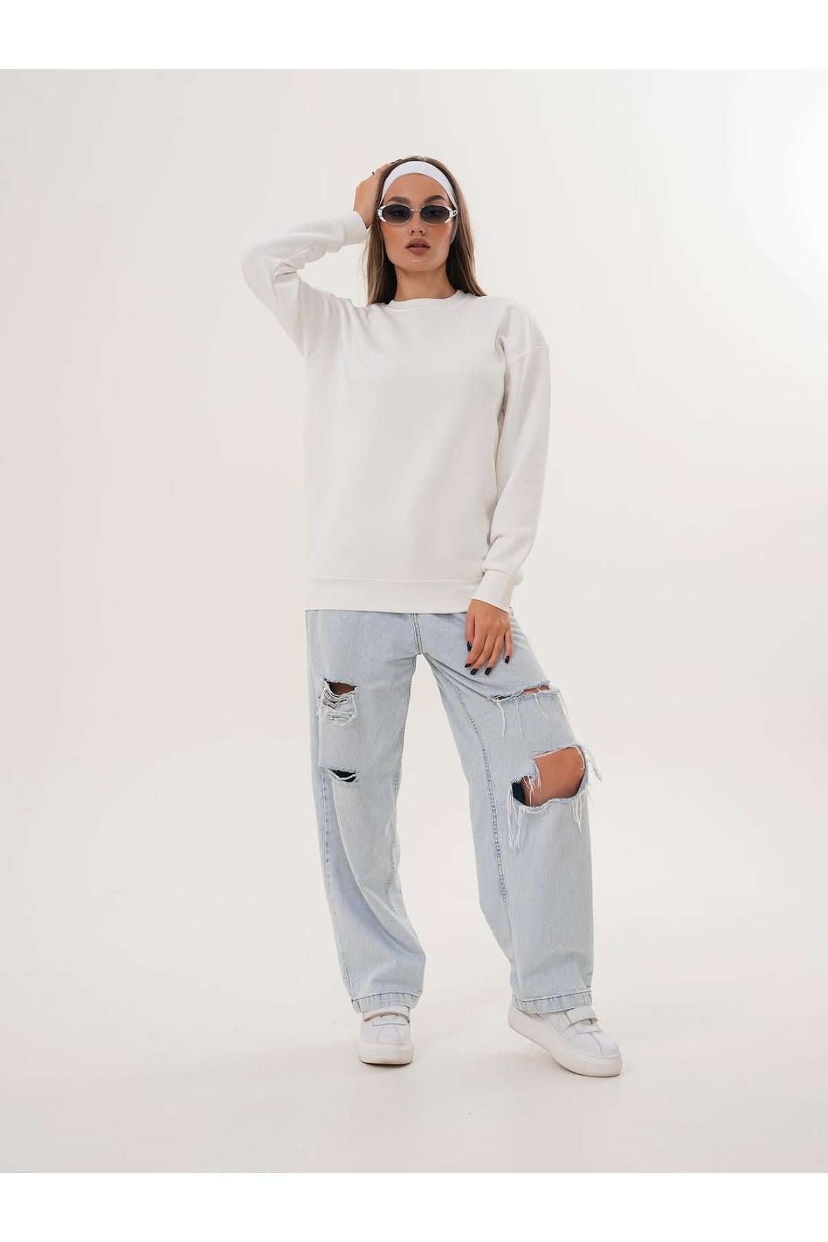Düz Basic Bisiklet Yaka Oversize Sweatshirt