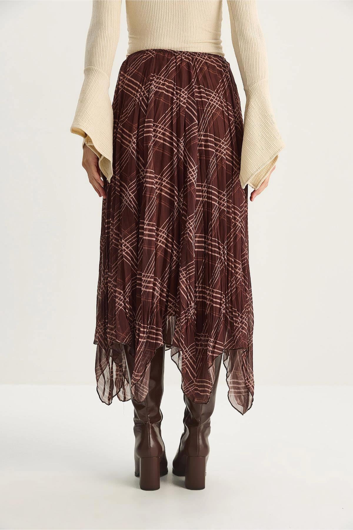 Ekose Desenli Astarlı Midi Boy Şifon Etek