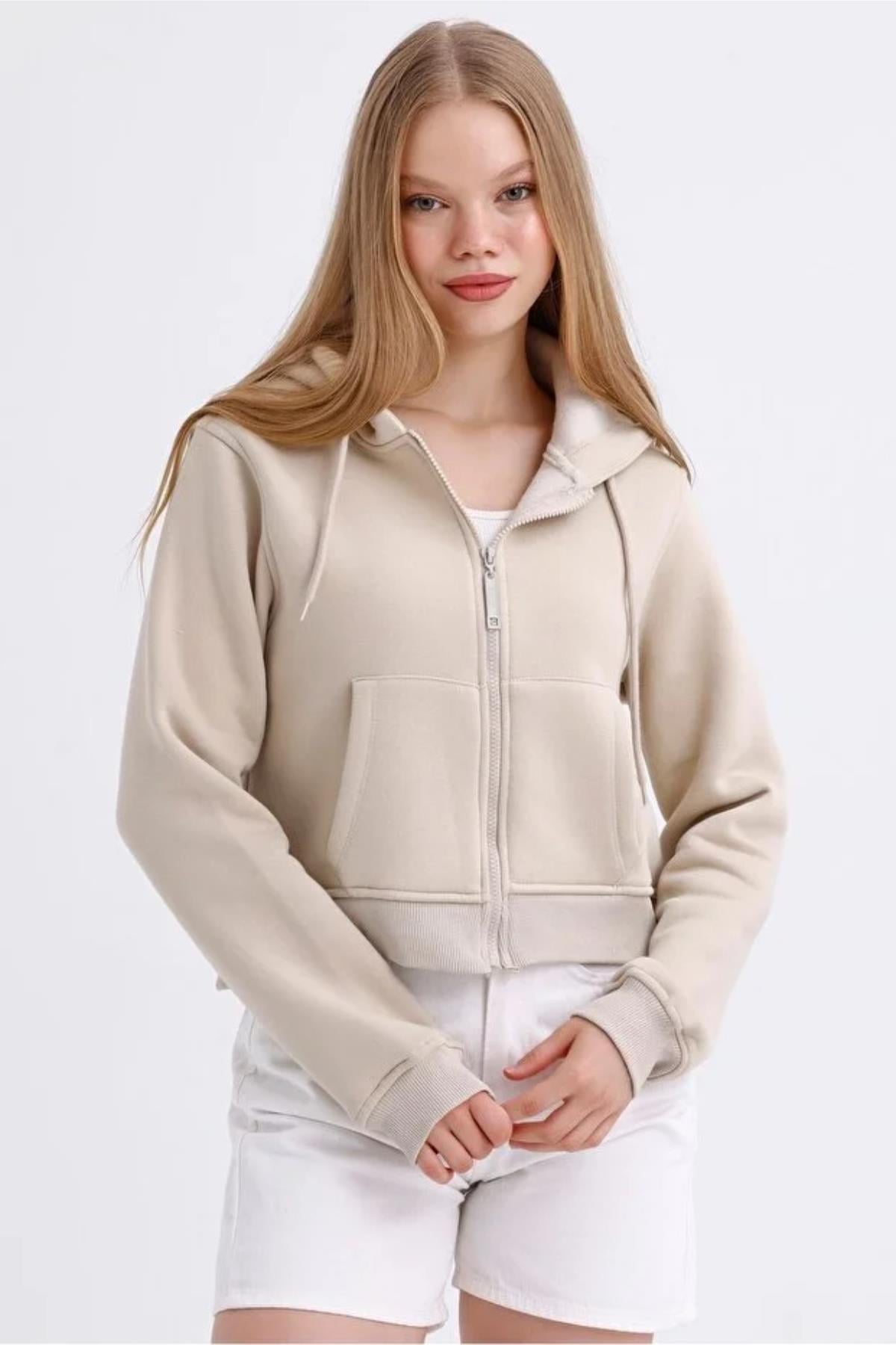 Fermuarlı 3 İp Crop Sweatshirt