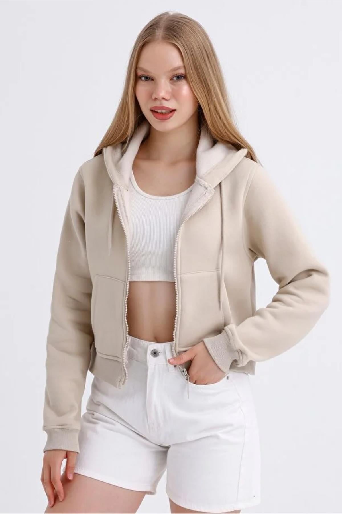 Fermuarlı 3 İp Crop Sweatshirt