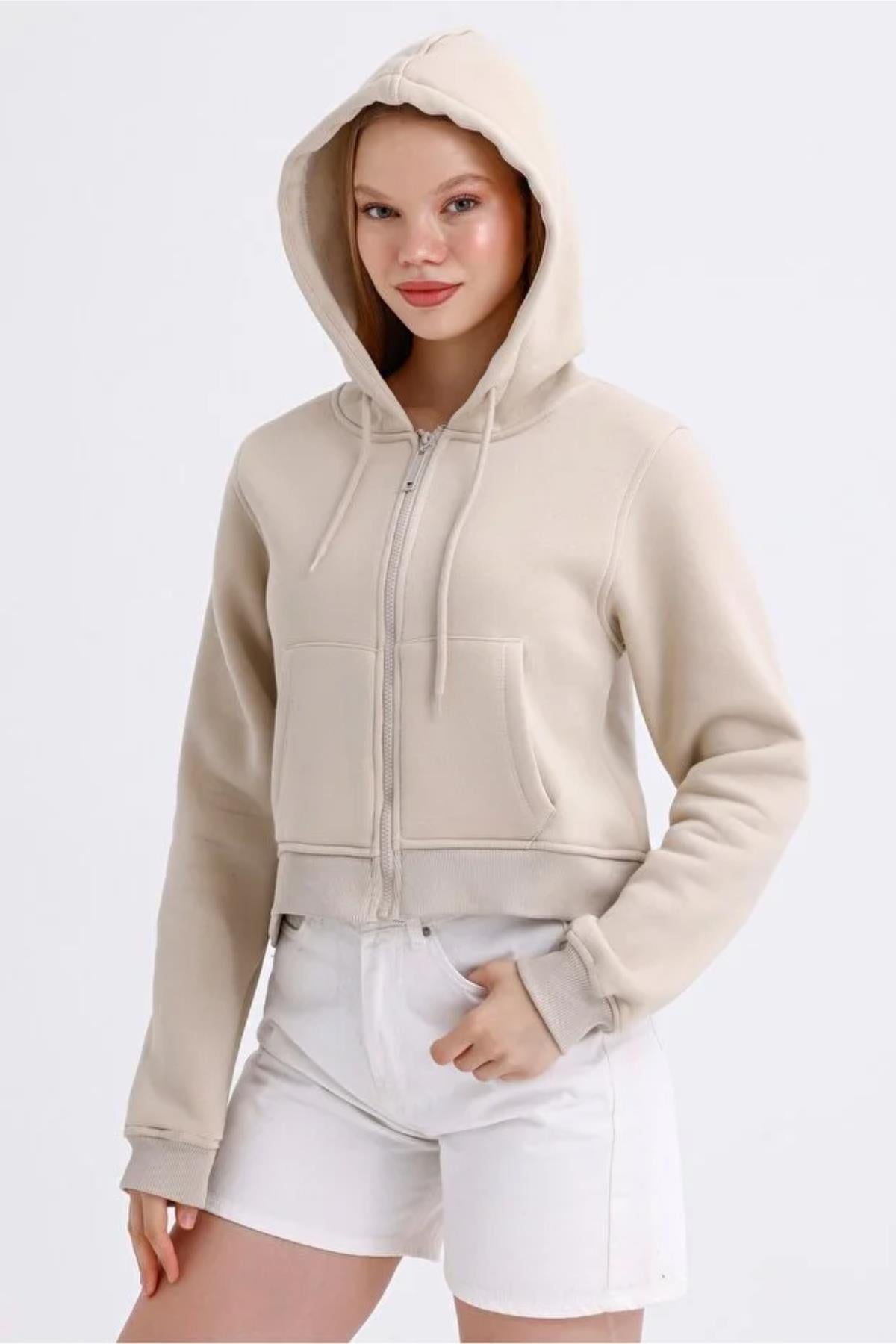 Fermuarlı 3 İp Crop Sweatshirt