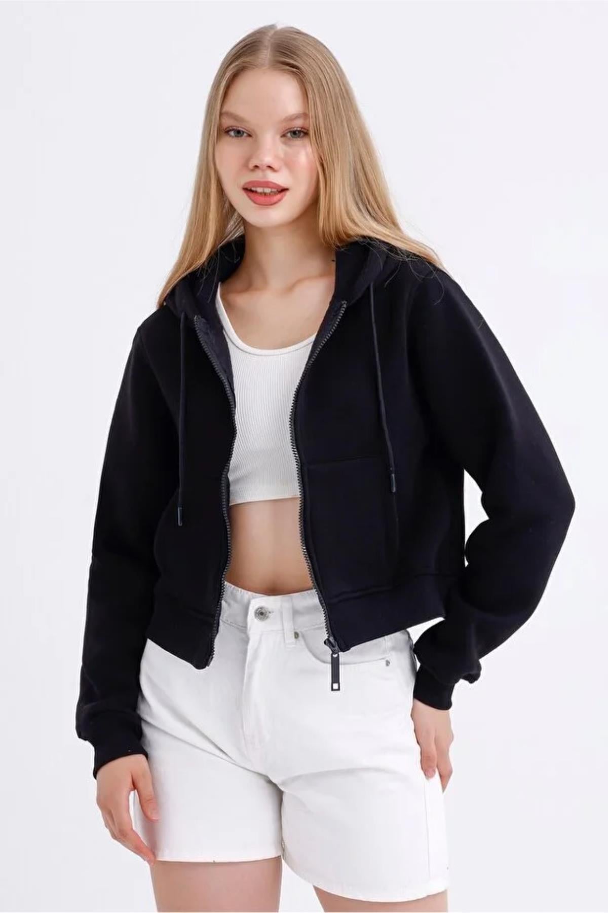 Fermuarlı 3 İp Crop Sweatshirt