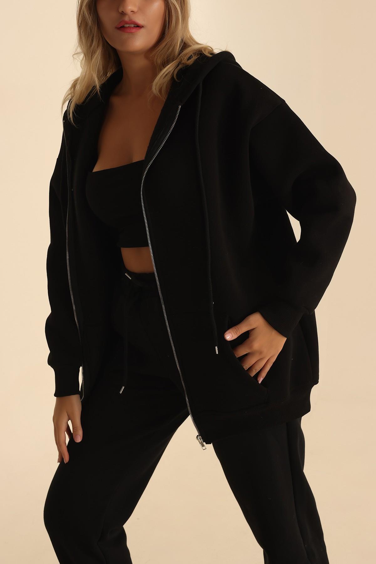 Fermuarlı Kapşonlu 3 İp Sweat