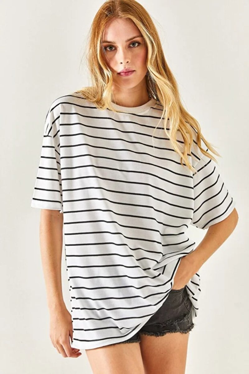 İki İp Çizgili Oversize Tshirt