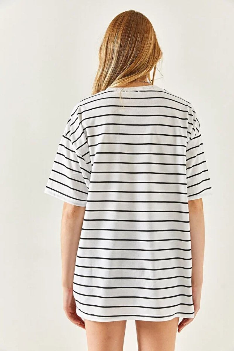 İki İp Çizgili Oversize Tshirt