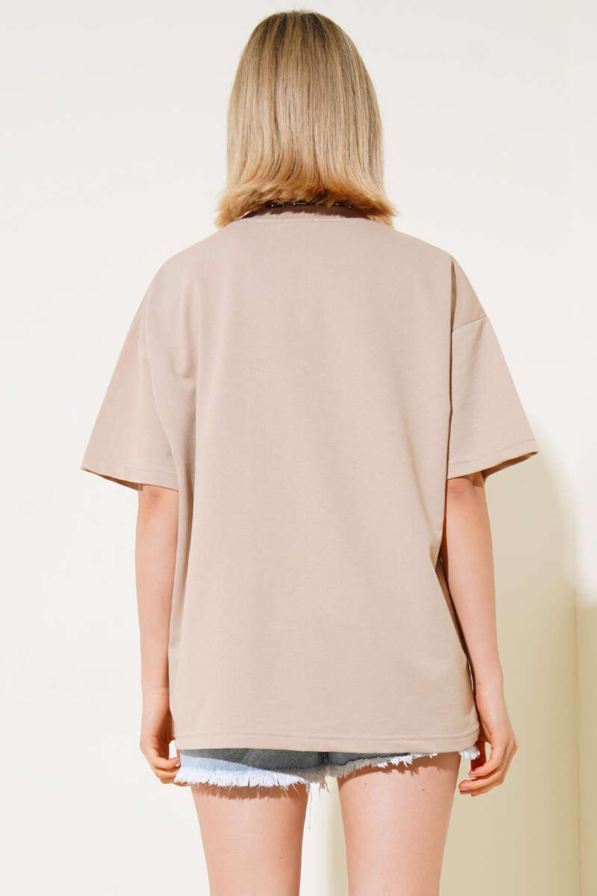 İki İplik Bisiklet Yaka Oversize Tshirt