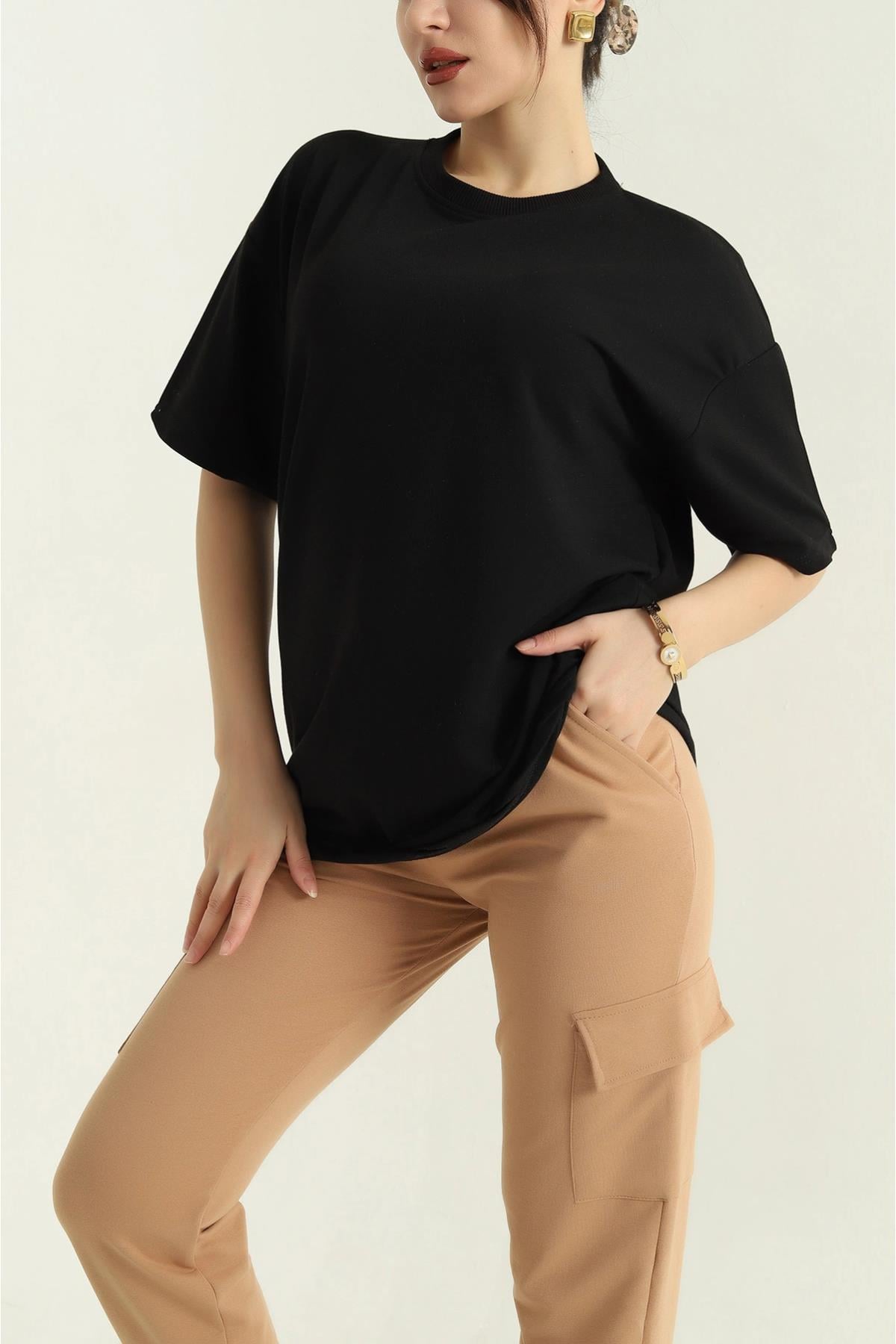 İki İplik Bisiklet Yaka Oversize Tshirt