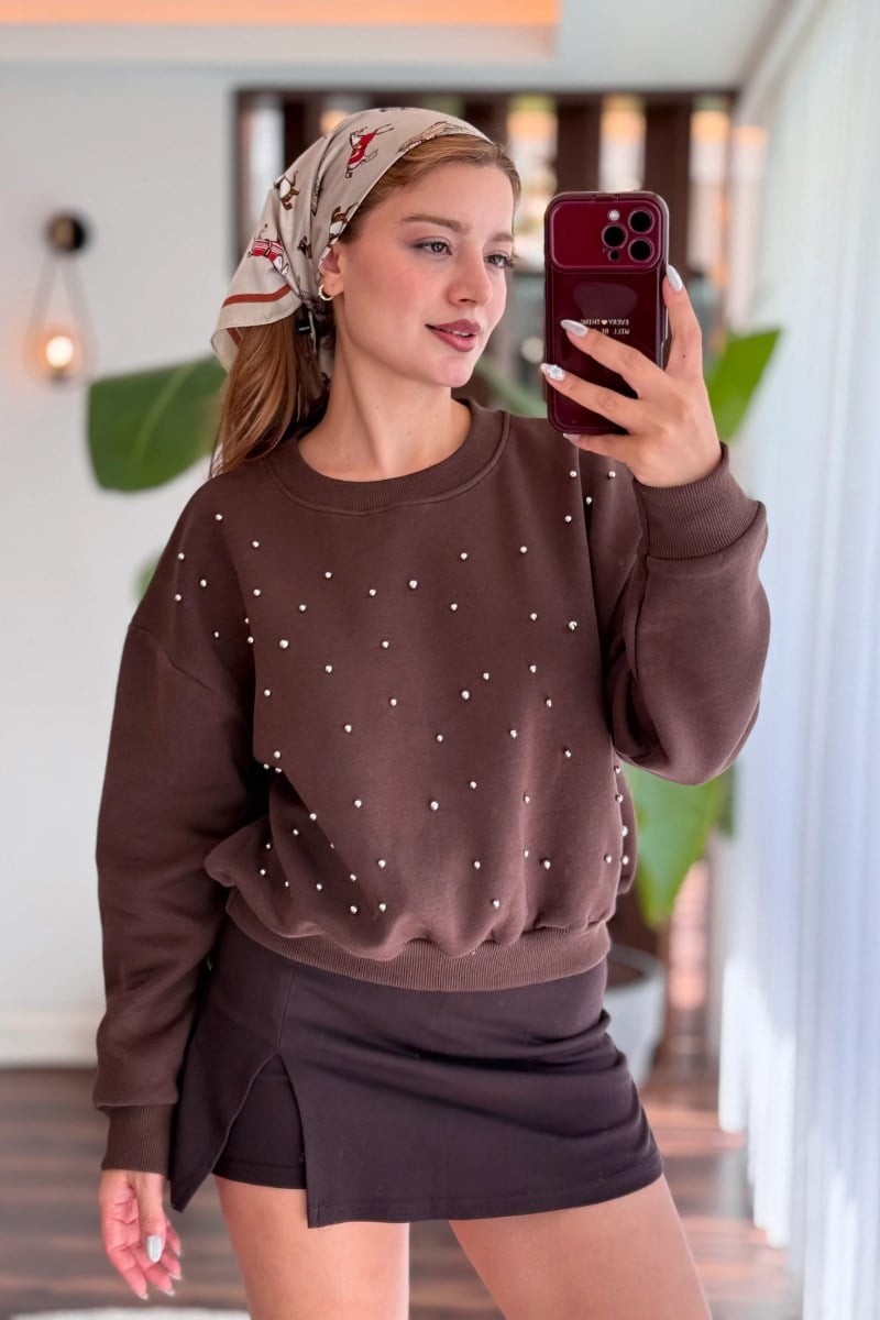 İnci Detaylı Şardonlu Crop 3 İp Sweatshirt