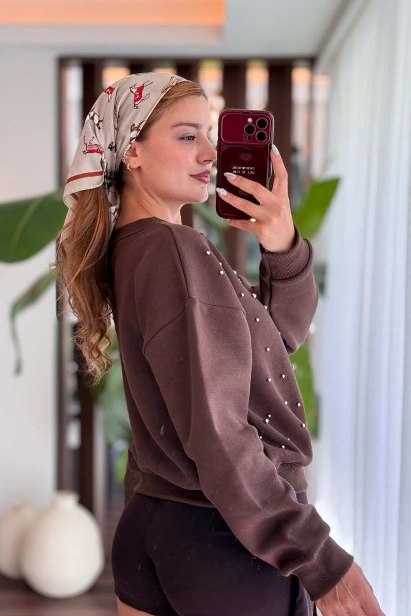 İnci Detaylı Şardonlu Crop 3 İp Sweatshirt