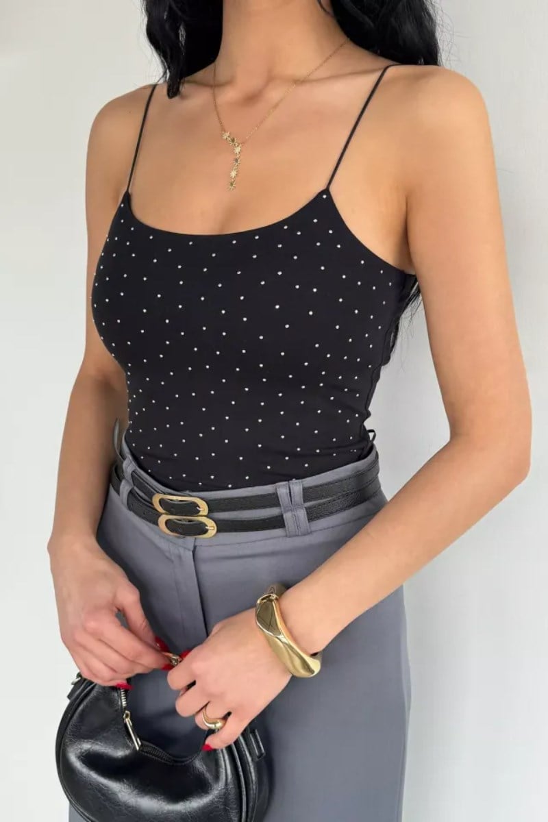 İp Askılı Taşlı Crop Atlet