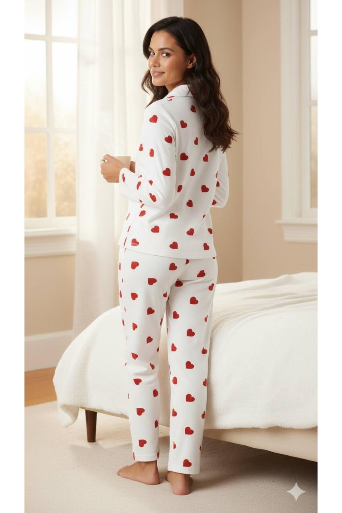 Kalp Desenli Süet Pijama Takımı