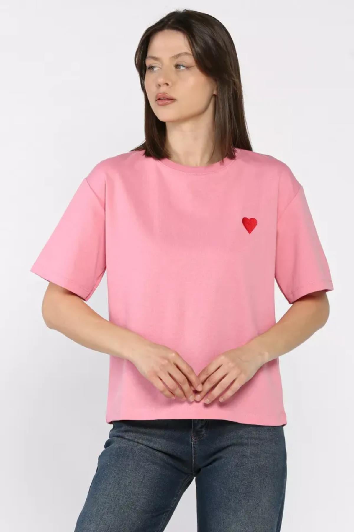 Kalp Nakışlı Modal Tshirt