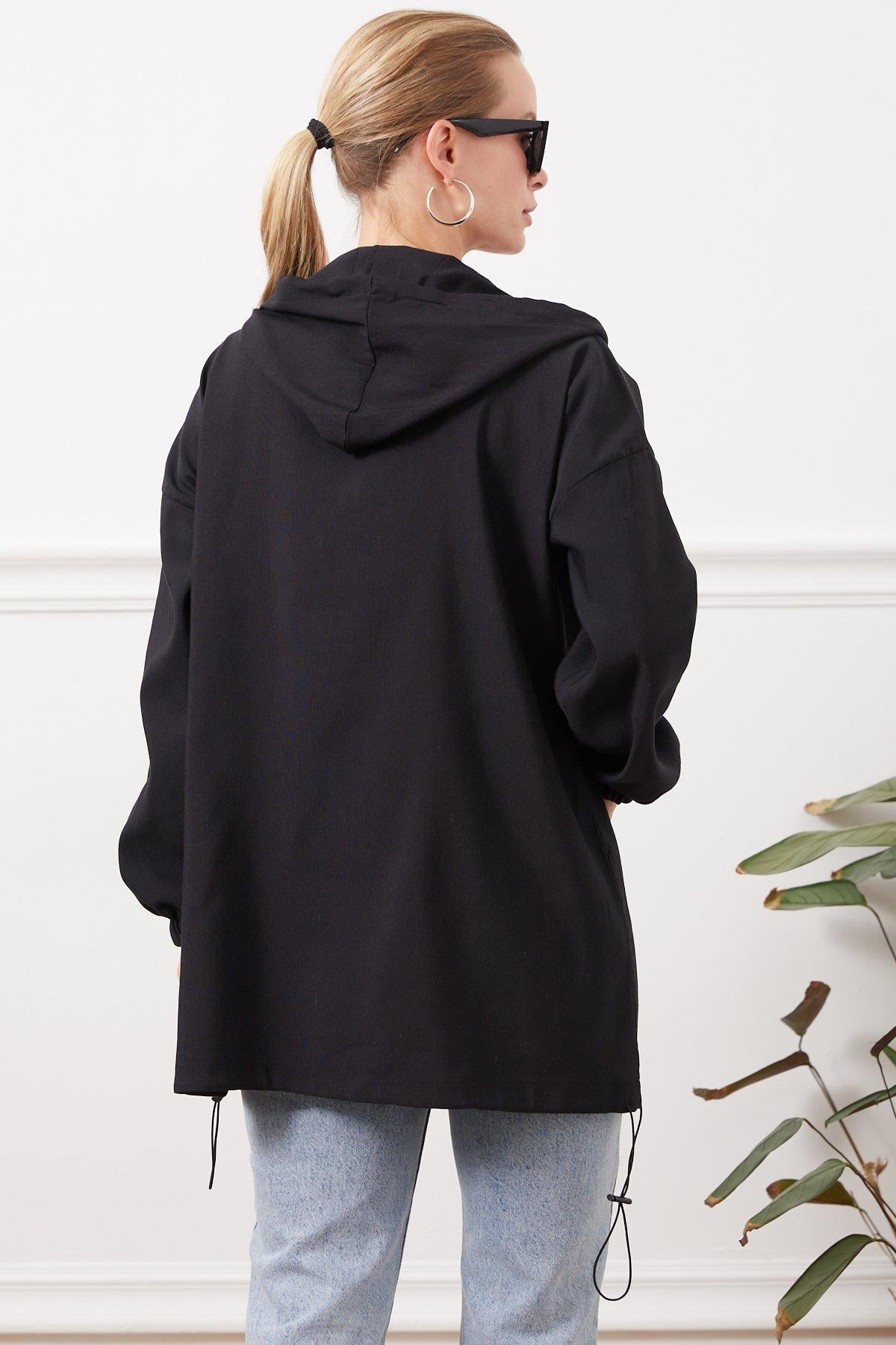 Kapüşonlu Çift Cepli Fermuarlı Kap