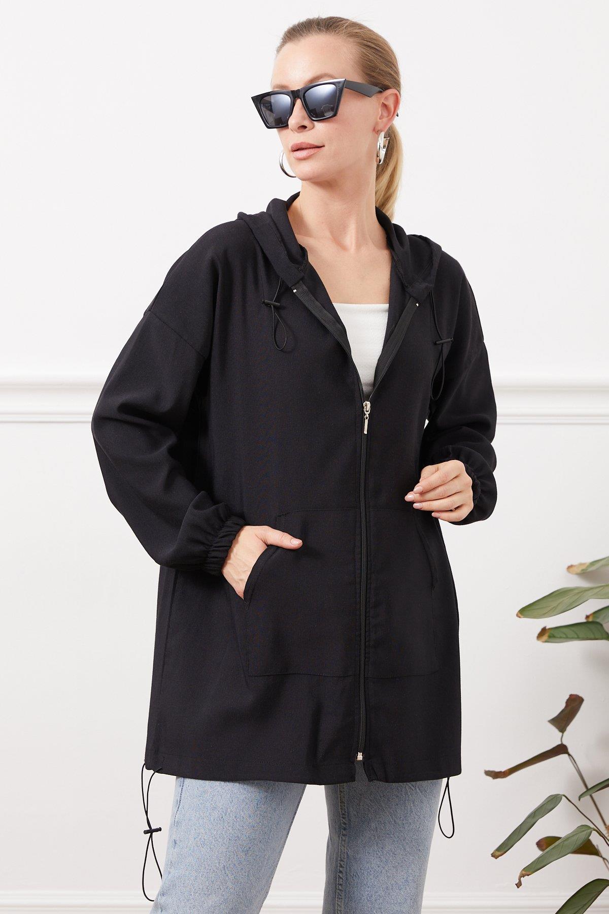 Kapüşonlu Çift Cepli Fermuarlı Kap