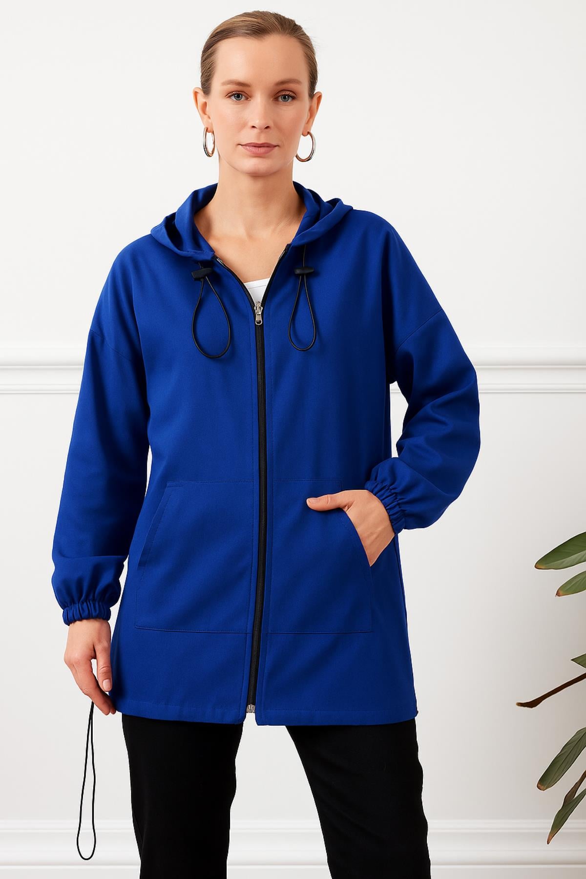 Kapüşonlu Çift Cepli Fermuarlı Kap