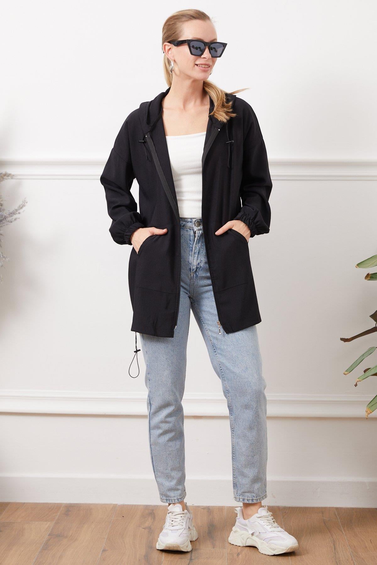 Kapüşonlu Çift Cepli Fermuarlı Kap