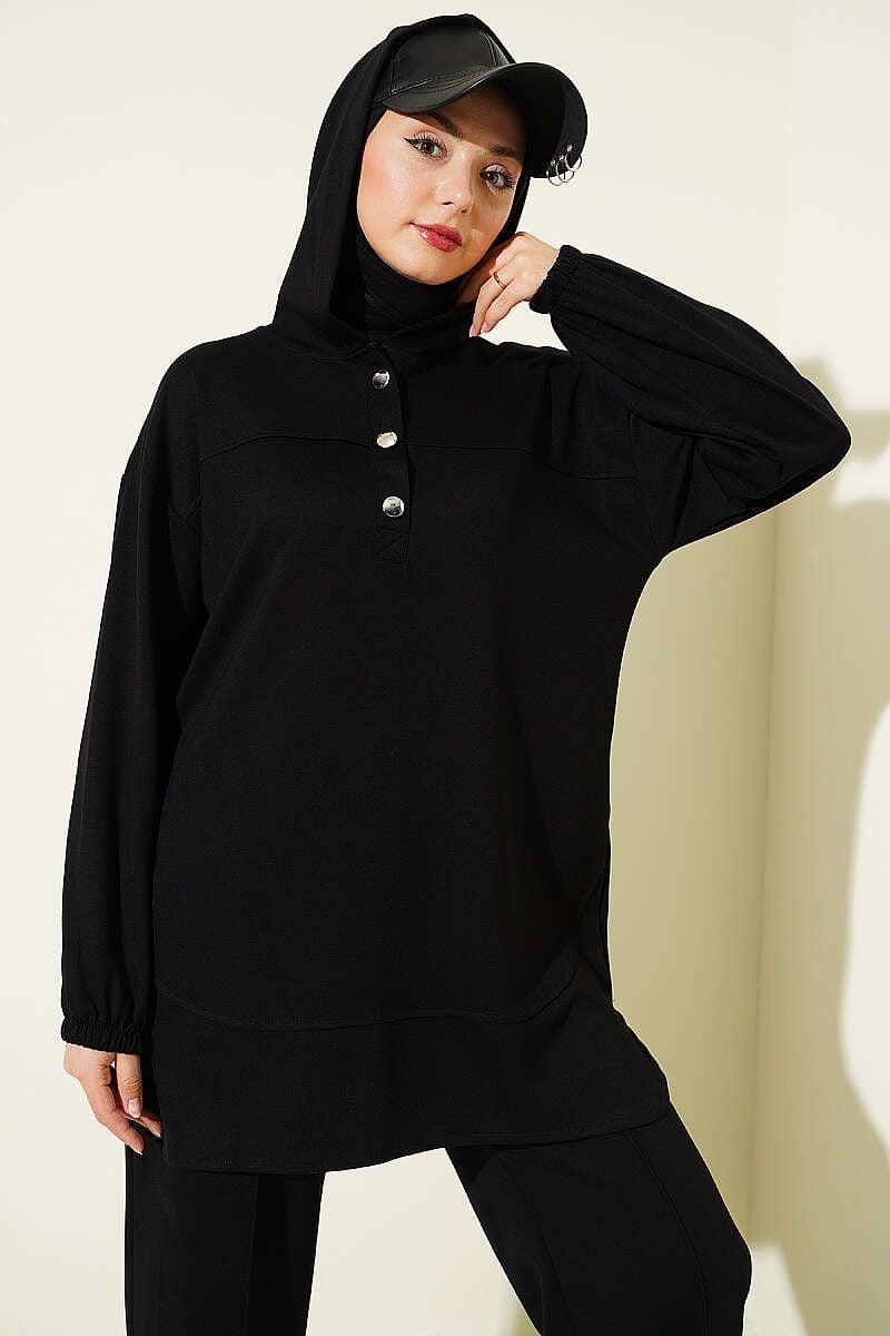 Kapüşonlu Düğmeli Sweat Pantolon İkili Takım