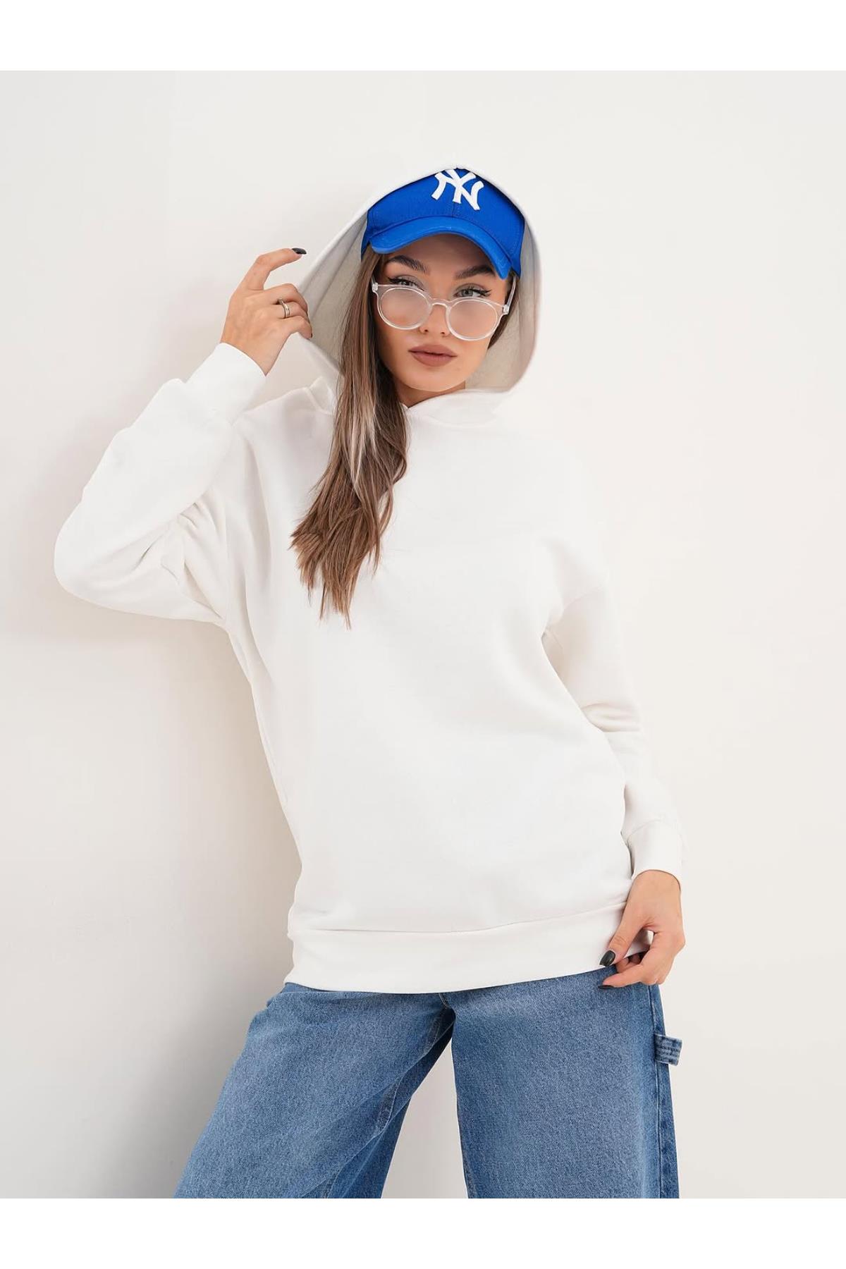 Kapüşonlu Düz Basic Sweatshirt