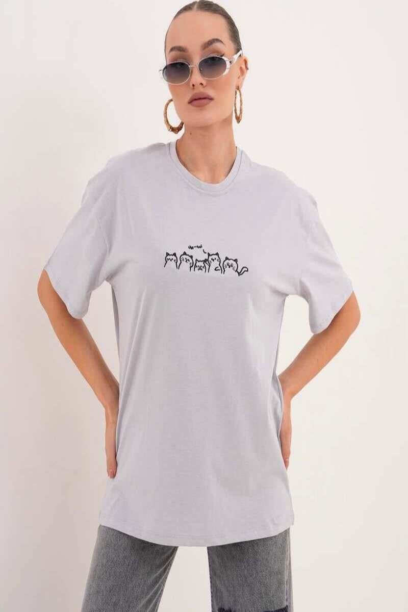 Kedi Nakış İşlemeli Oversize Tshirt