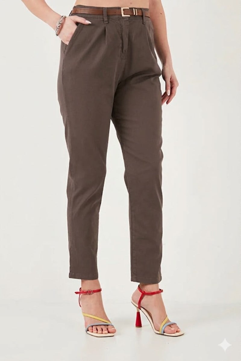 Kemerli Dar Paça Gabardin Pantolon