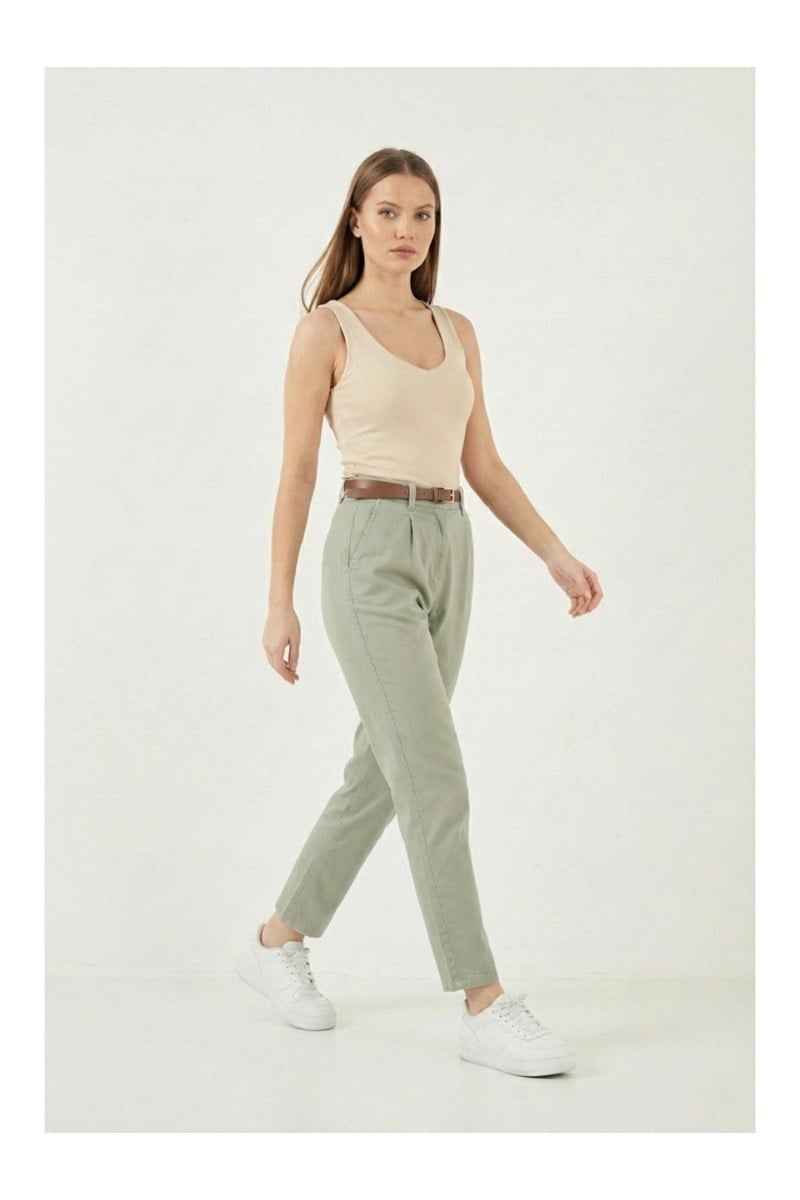 Kemerli Dar Paça Gabardin Pantolon