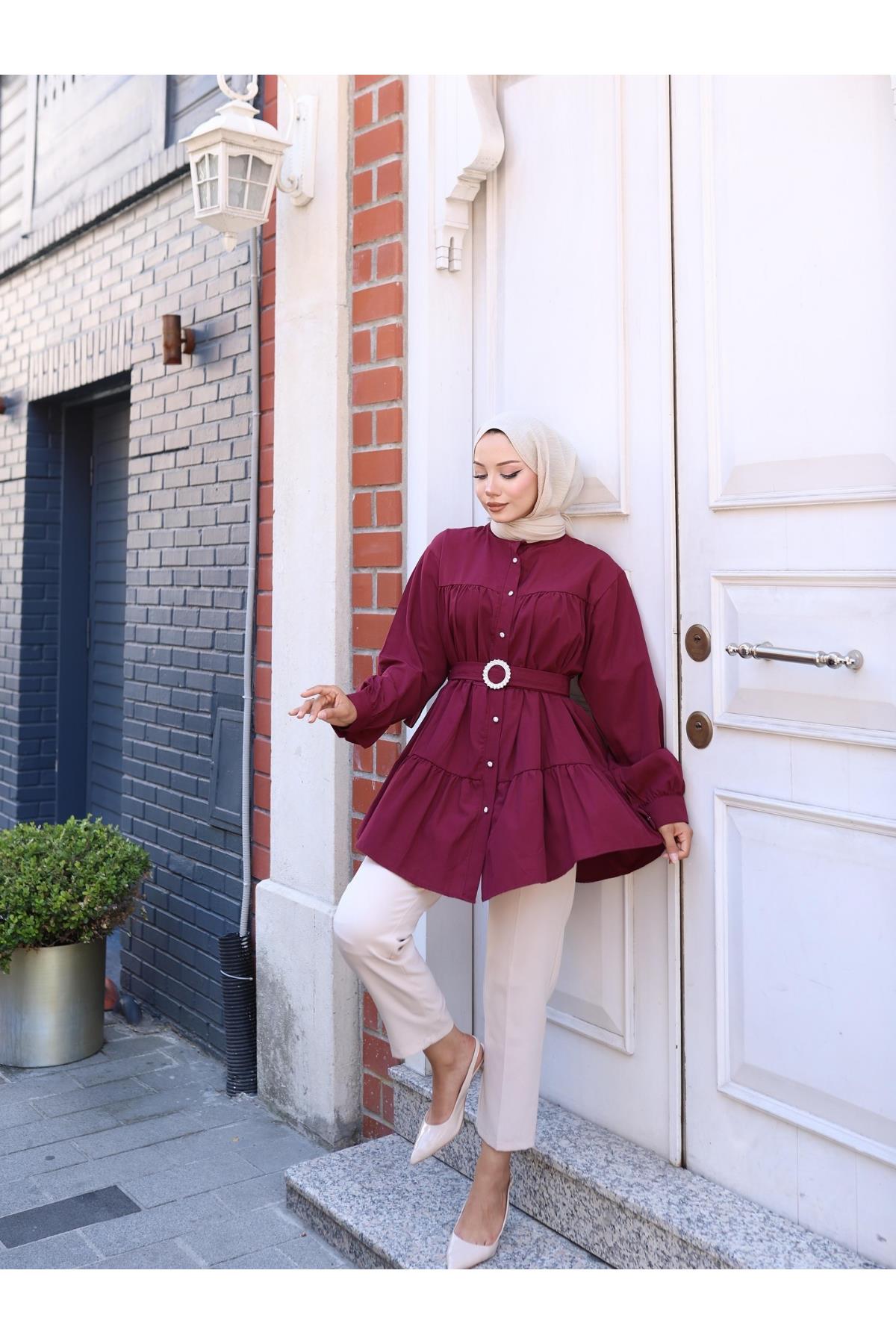 Kemerli Düğmeli Kat Kat Tunik