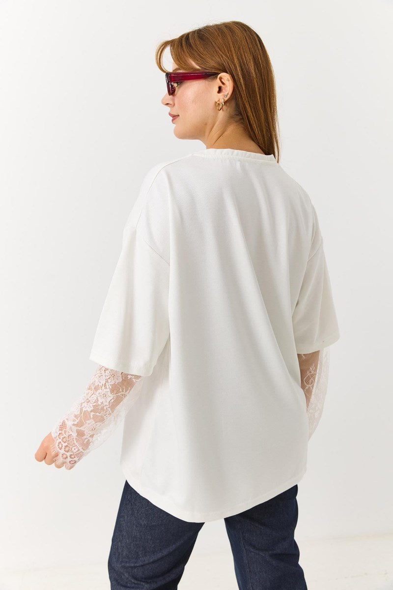 Kolu Tül Detaylı Oversize Tshirt