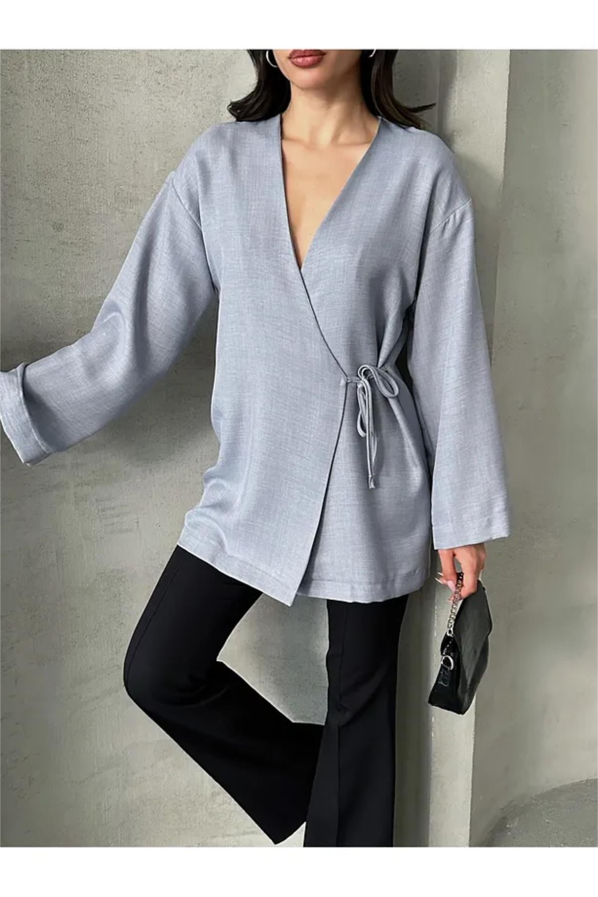 Kruvaze Yaka Bağlamalı Kimono