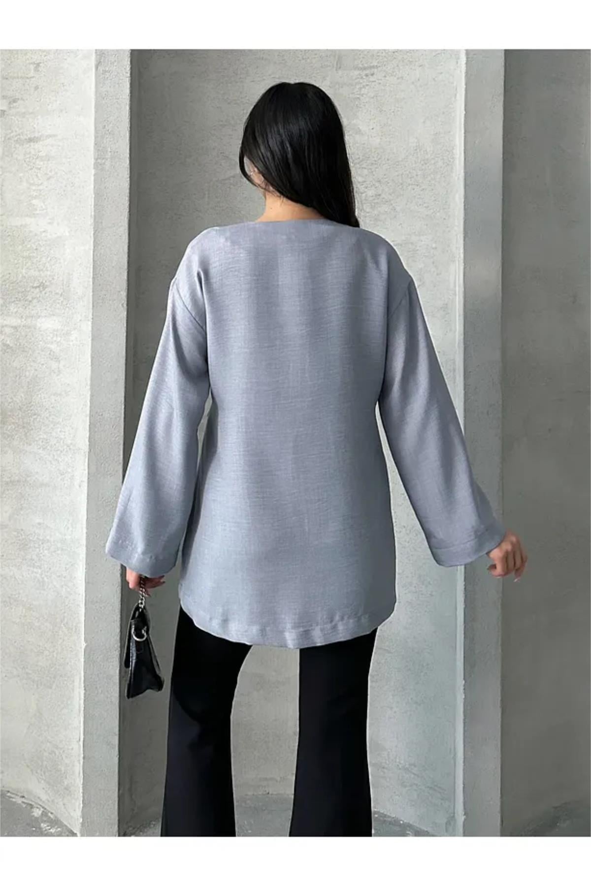 Kruvaze Yaka Bağlamalı Kimono
