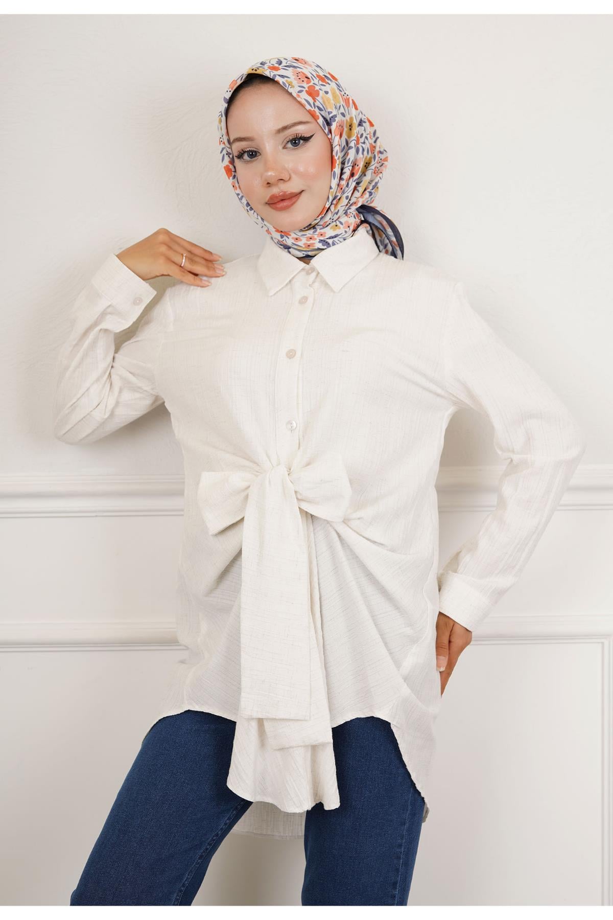 Önü Bağcıklı Krinkıl Keten Tunik