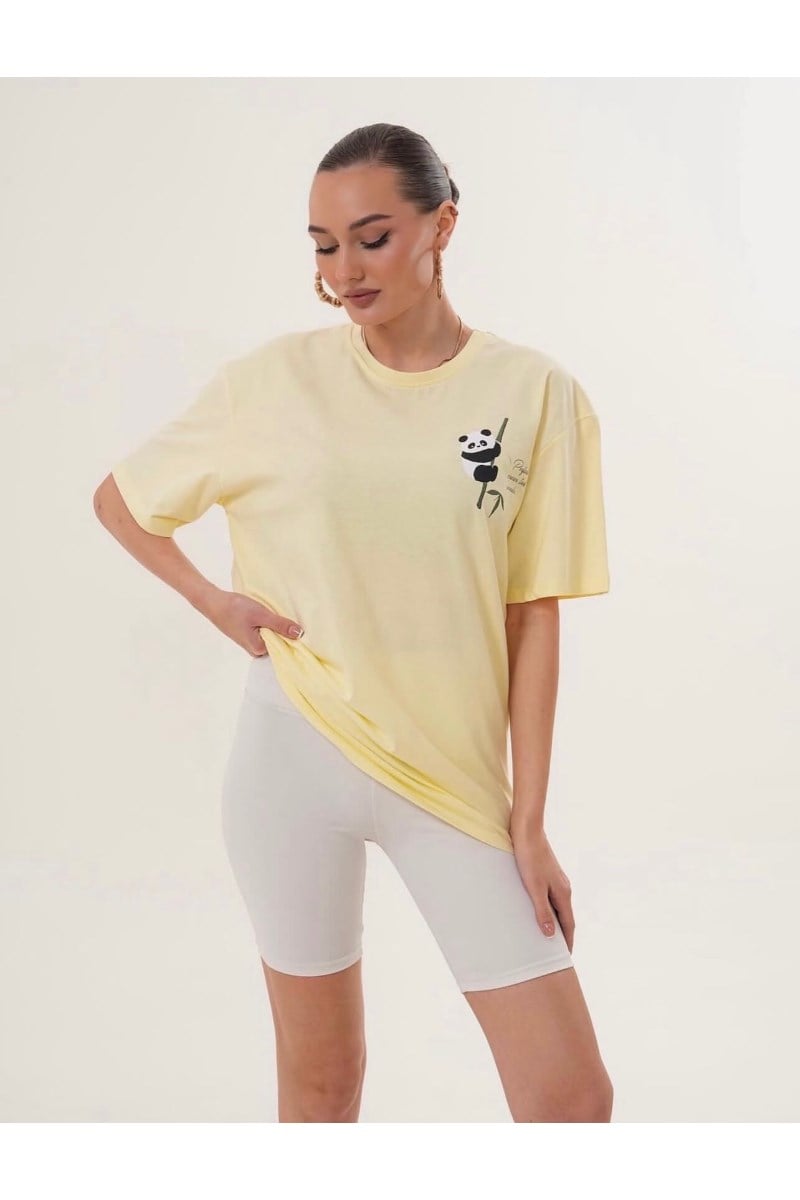 Önü ve Arkası Panda Baskılı Oversize Tshirt