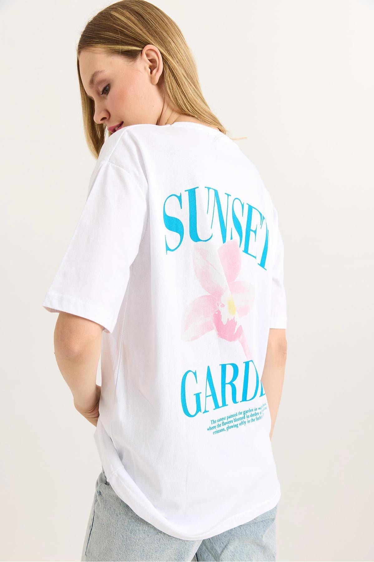 Önü ve Arkası Sunset Baskılı Bisiklet Yaka Tshirt