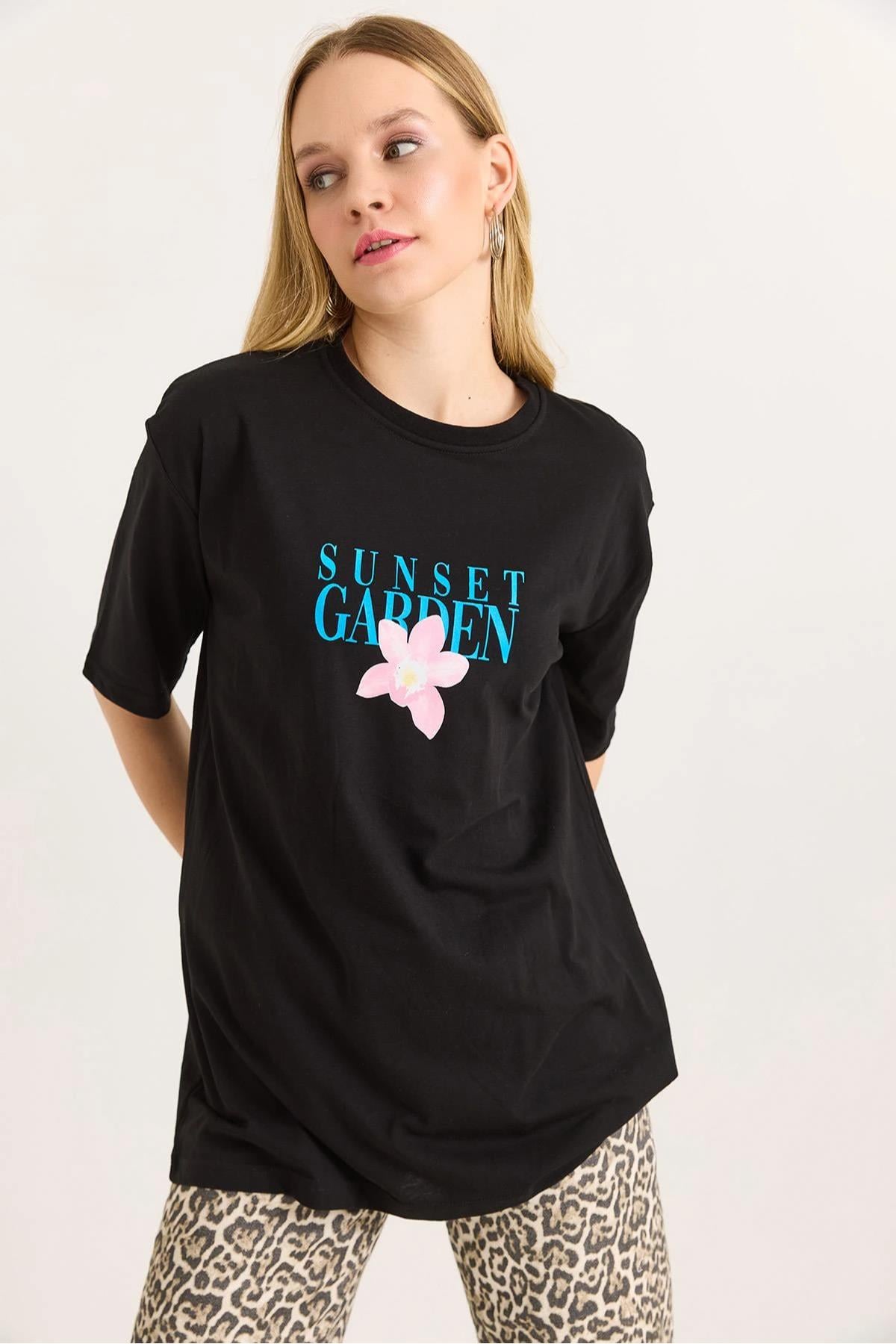 Önü ve Arkası Sunset Baskılı Bisiklet Yaka Tshirt