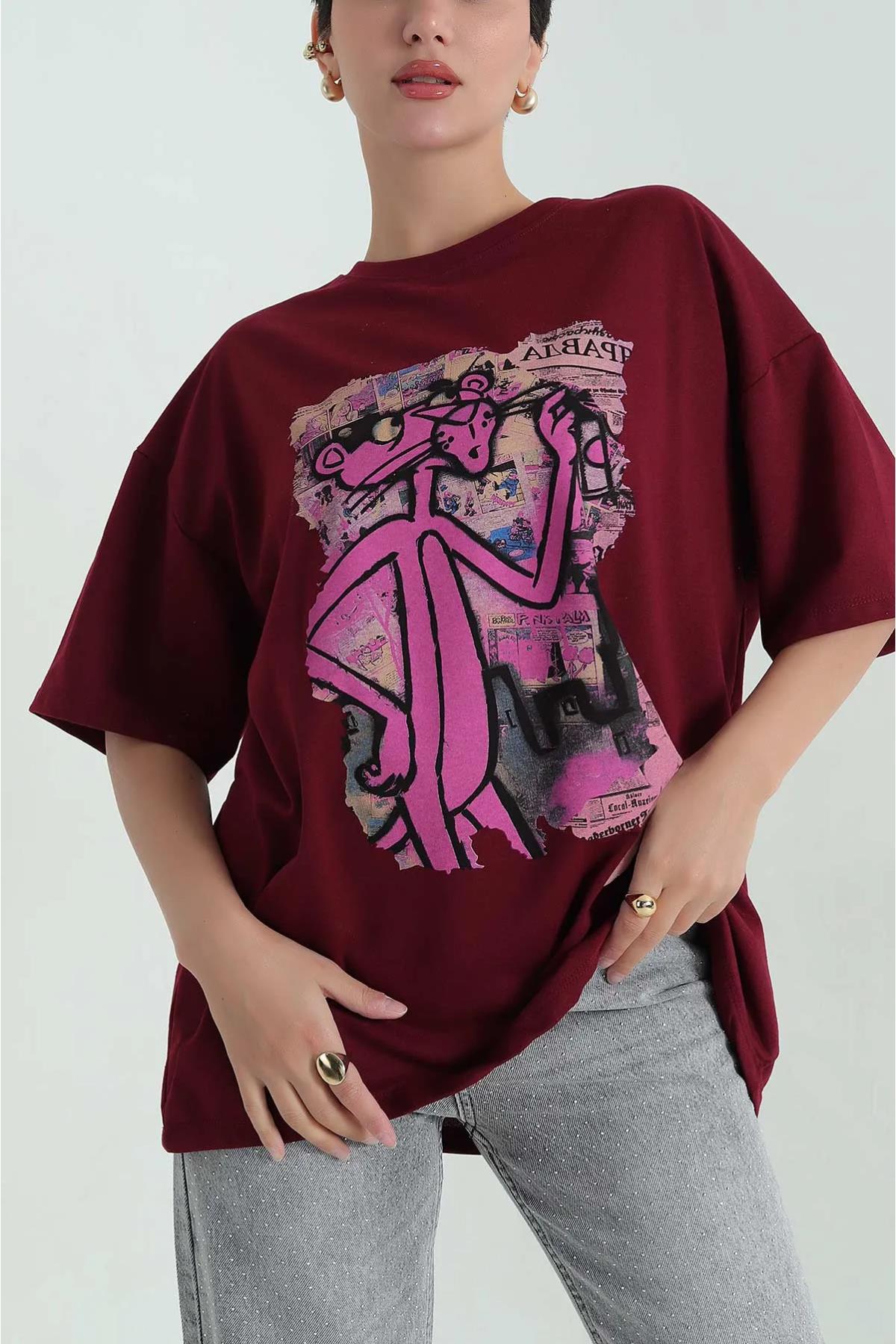 Pembe Panter Baskılı Oversize Tshirt