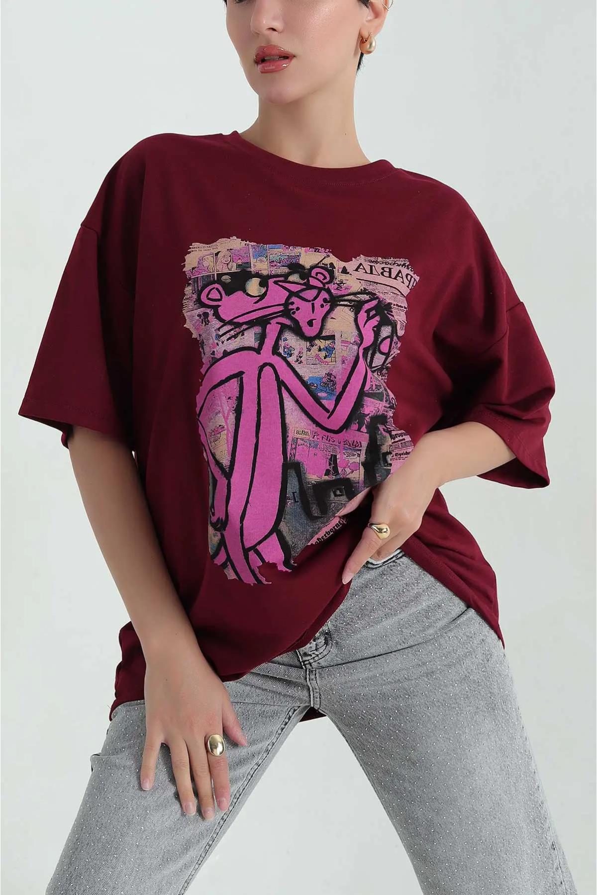 Pembe Panter Baskılı Oversize Tshirt