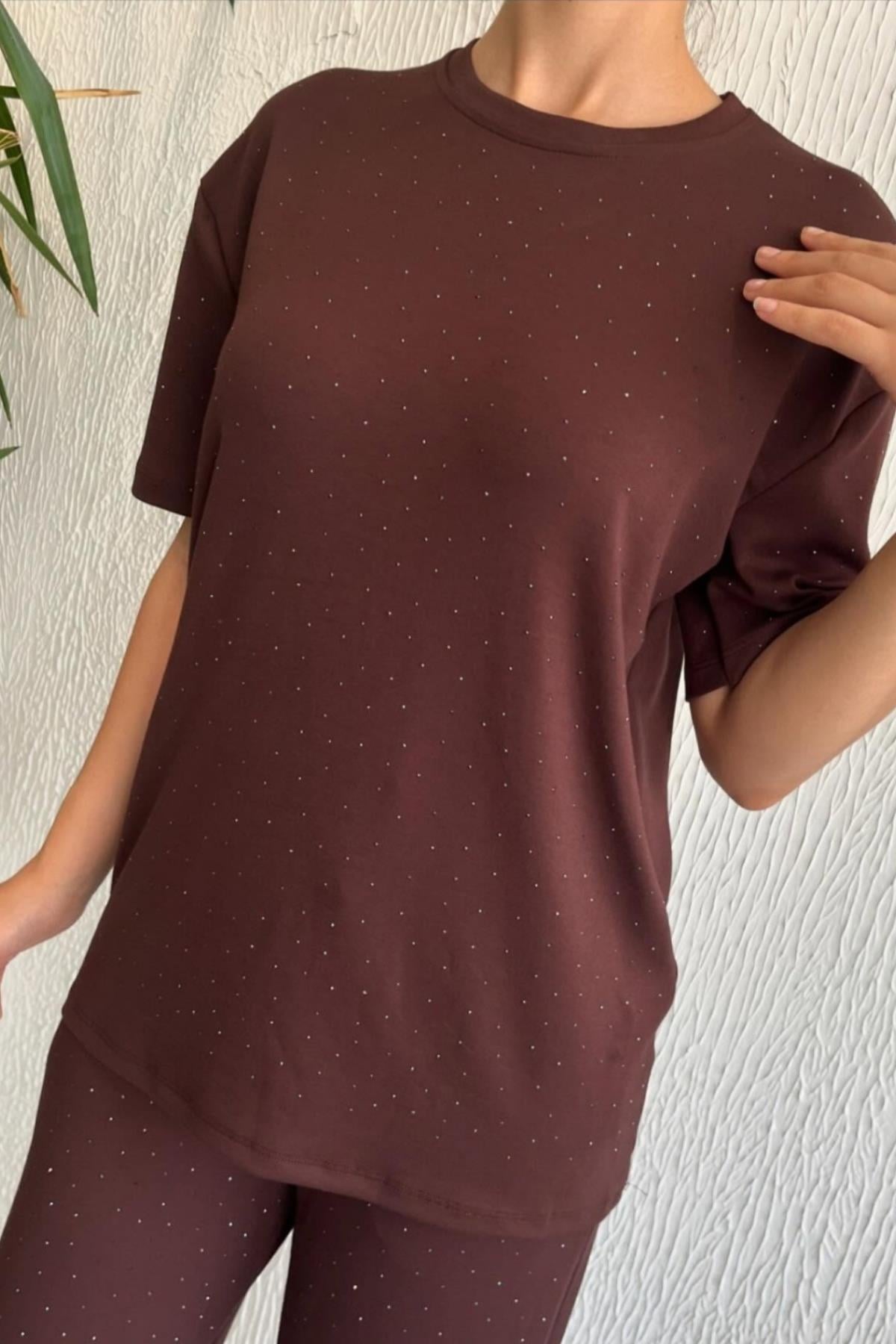 Serpme Taş Detaylı Tshirt Pantolon İkili Takım
